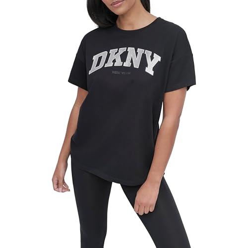 dkny women's logo long sleeve t-shirt, black/silver, medium