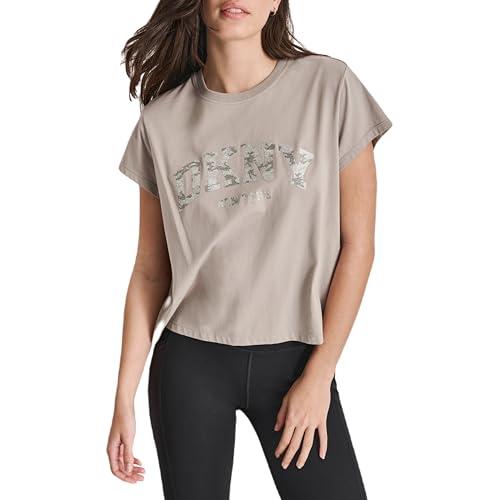 dkny women's logo short sleeve cropped t-shirt, driftwood, medium