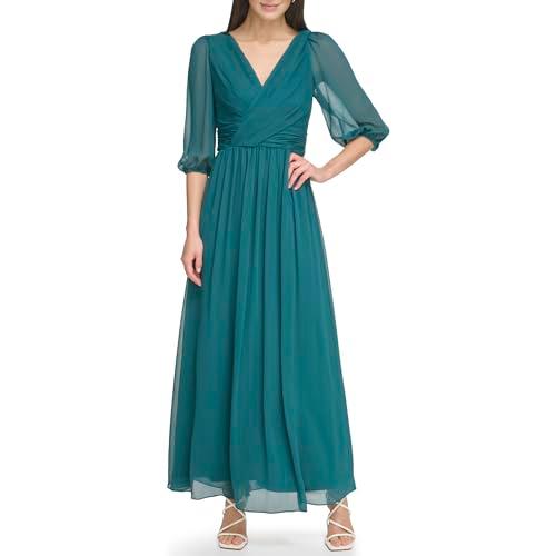 dkny women's long chiffon v-neck dress, forest green, 16