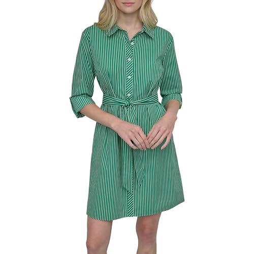 dkny women's long sleeve collared tie fit & flare mini dress, clover/white