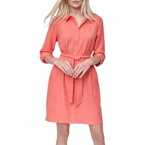 dkny women's long sleeve collared tie fit & flare mini dress, orange