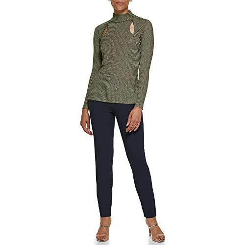 dkny women's long sleeve cutout knit blouse, olive, xs