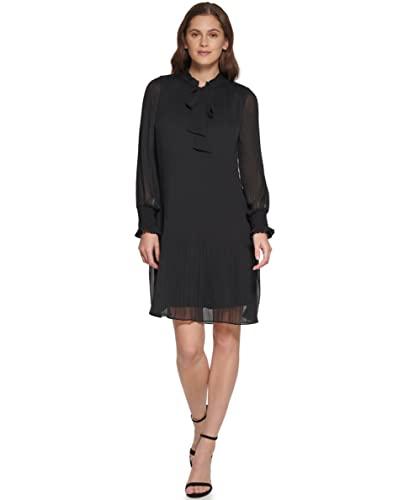 dkny women's long sleeve tie neck pleated shift dress, black, 12