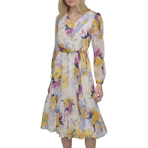dkny women's long sleeve v-neck tie waist midi dress, sunshine multi
