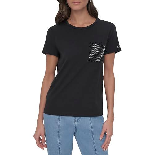dkny women's lounge cotton stretch logo tee knit top, black