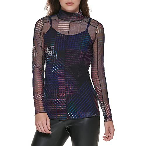 dkny women's mesh lined sheer sportswear top, black multi, small