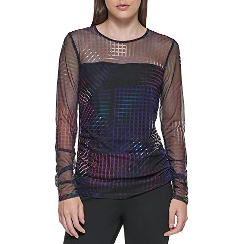 dkny women's mesh side ruching lightweight sportswear top, black multi, x-small