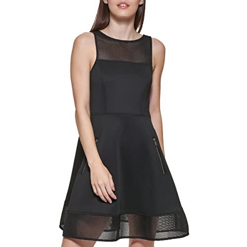 dkny women's mixed media mesh highneck dress, black