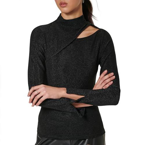 dkny women's mock neck cutout detail knit top, black/black