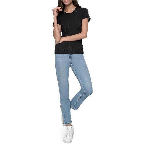dkny women's pebblelace shortsleeve highneck versatile tops, black