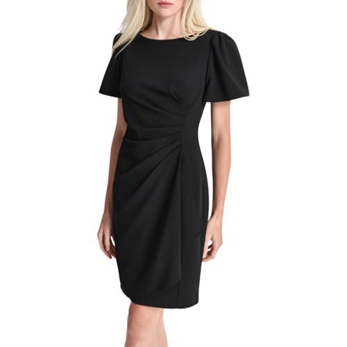 dkny women's petite ruched side v-neck short sleeve dress, black, 10