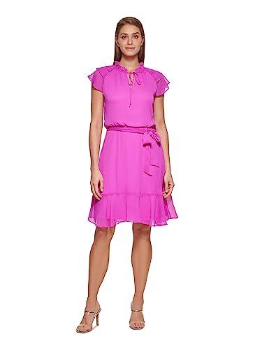 dkny women's petite size belted ruffle sleeve tie neck dress, flamingo, 4