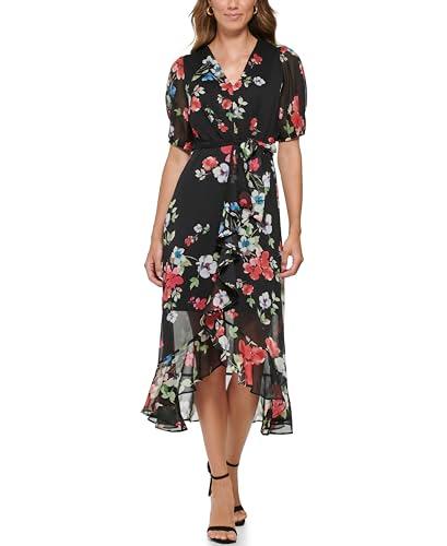 dkny women's petite size ruffle hem v-neck puff sleeve dress, saffron combo, 4