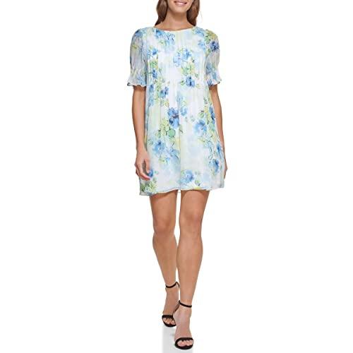 dkny women's pleated front cinch sleeve flowy dress, blue multi, 4