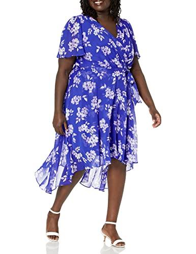 dkny women's plus faux wrap dress, iris/cream, 18