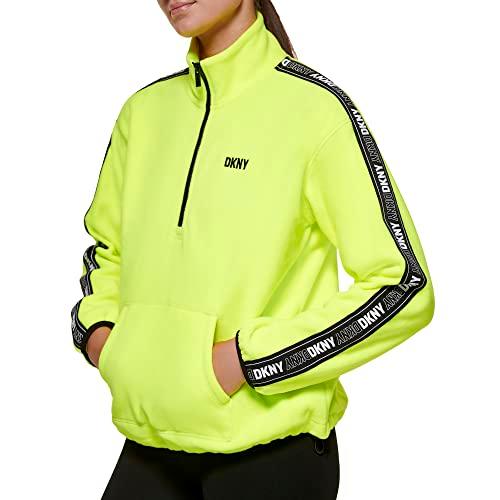 dkny women's plus size logo tape fleece hoodie sweatshirt, zest, 3x