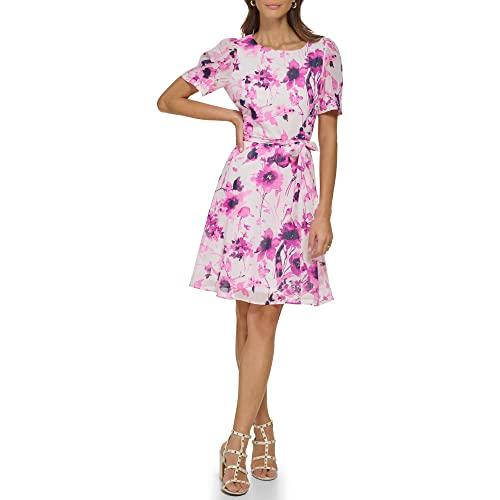 dkny women's puff sleeve tie waist a-line mini dress, cream/raspberry, 10