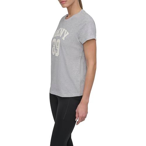 dkny women's rhinestone jersey logo short sleeve t-shirt, heather grey/eggnog, large
