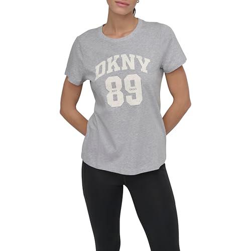 dkny women's rhinestone jersey logo short sleeve t-shirt, heather grey/eggnog, large