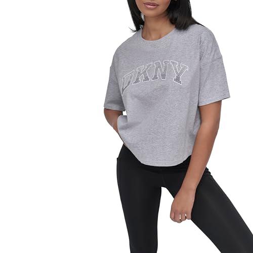 dkny women's rhinestone logo short sleeve cropped loose fit t-shirt, heather grey/white/silver, small