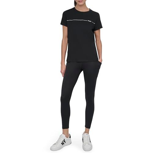 dkny women's rhinestone stripe logo short sleeve t-shirt, black, x-large