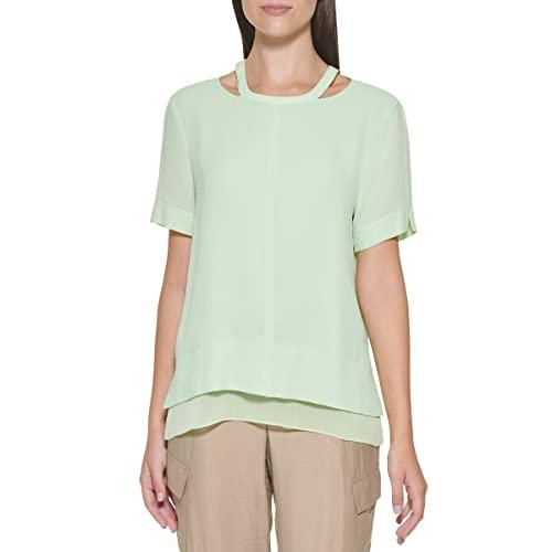 dkny women's s/s cut out neck top w/chiffon hem, lazer, medium