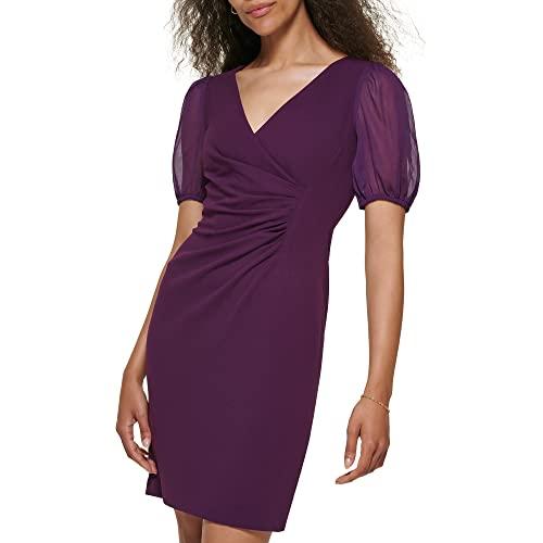 dkny women's scuba crepe chiffon mixed media side ruched dress, wine, 8