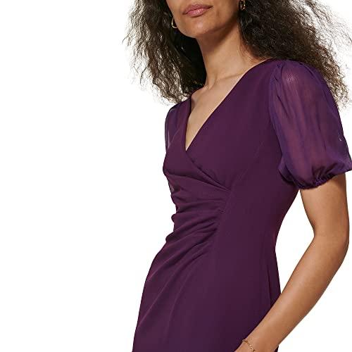 dkny women's scuba crepe chiffon mixed media side ruched dress, wine, 8