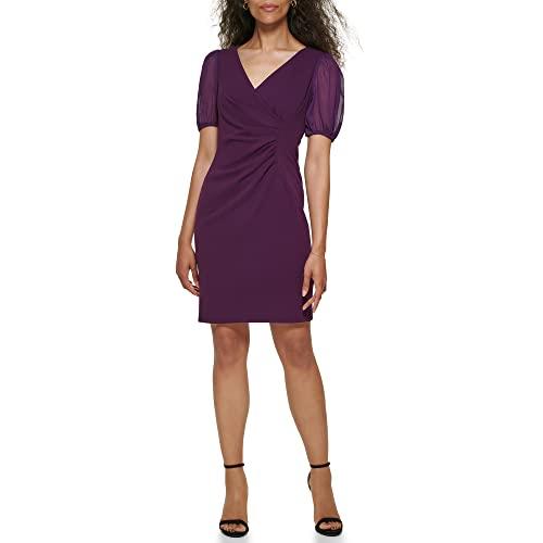 dkny women's scuba crepe chiffon mixed media side ruched dress, wine, 8