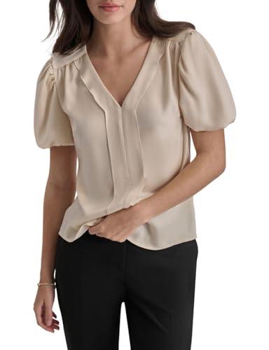 dkny women's short puff sleeve v-neck blouse, light fatigue, medium