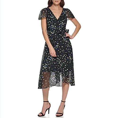 dkny women's short sleeve asymmetrical hem faux wrap dress, blue speckled, 14
