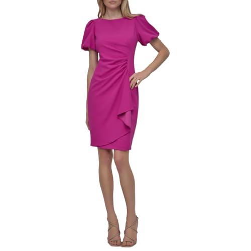dkny women's short sleeve boat neck side ruched dress, raspberry, 16
