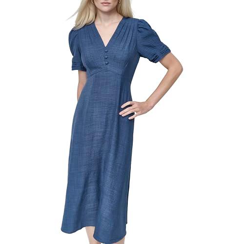dkny women's short sleeve button front fit & flare midi dress, denim