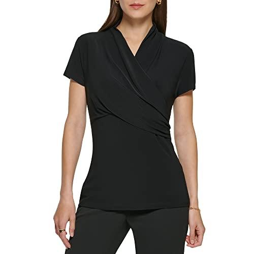 dkny women's short sleeve cross front suit blouse, black, large
