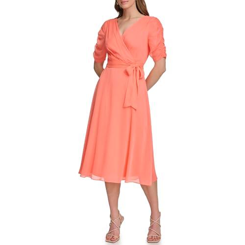 dkny women's short sleeve faux wrap midi dress, orange, 4