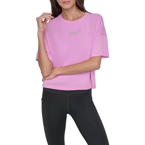 dkny women's short sleeve rhinestone logo relaxed cropped tee, fuschia sky/silver, medium