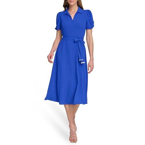 dkny women's short sleeve tie fit & flare midi dress, cosmic blue