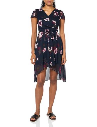 dkny women's short sleeve v-neck belted dress, midnight navy multi, 0 petite