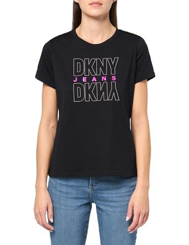 dkny women's short sleeve v-neck mesh ruched knit top, black/shocking pink, small