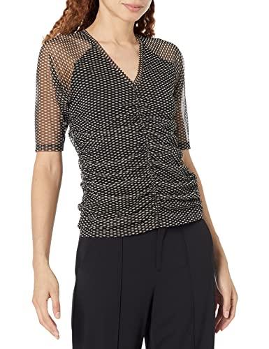dkny women's short sleeve v-neck mesh ruched knit top, blk/ivry combo