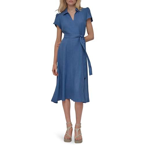 dkny women's short sleeve v-neck tie waist midi dress, ocean blue