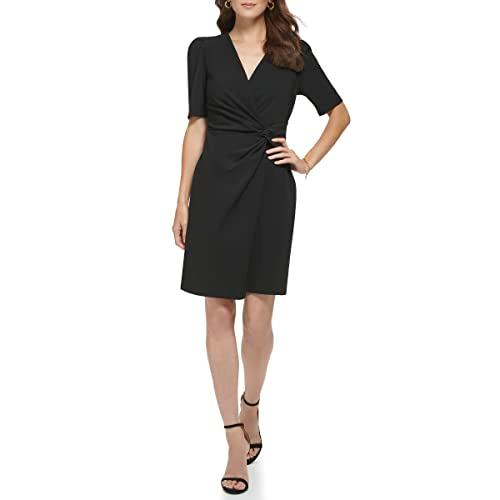 dkny women's side knot short length v-neck dress, black, 8