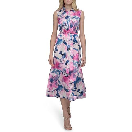 dkny women's sleeveless collared button front midi shirtdress, navy/pink