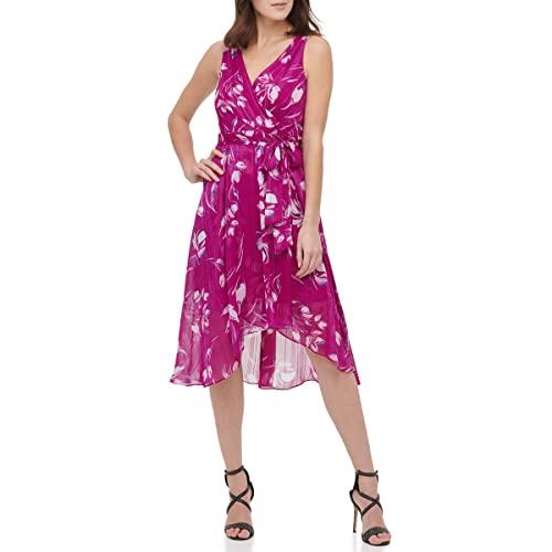 dkny women's sleeveless faux wrap dress, berry multi, 14