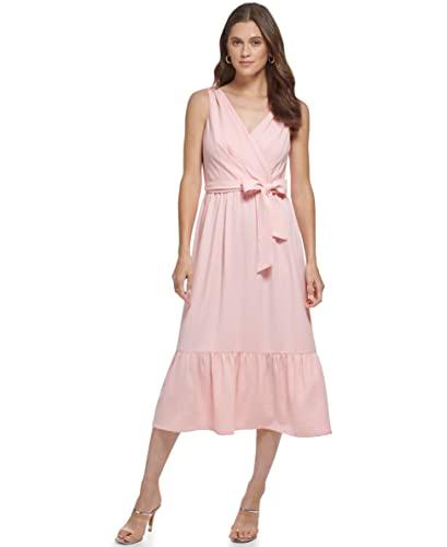 dkny women's sleeveless ruffle hem tie midi dress, cream/pink, 14