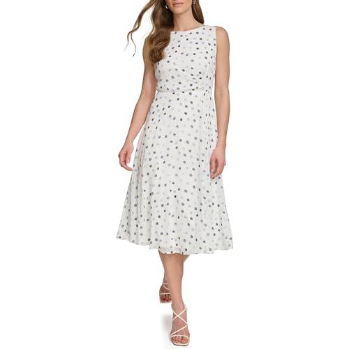 dkny women's sleeveless side drape midi dress, silver/navy, 12