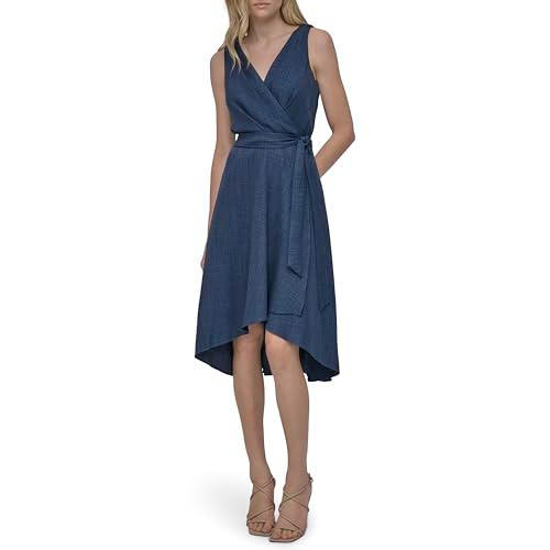dkny women's sleeveless surplice tie fit & flare midi dress, denim