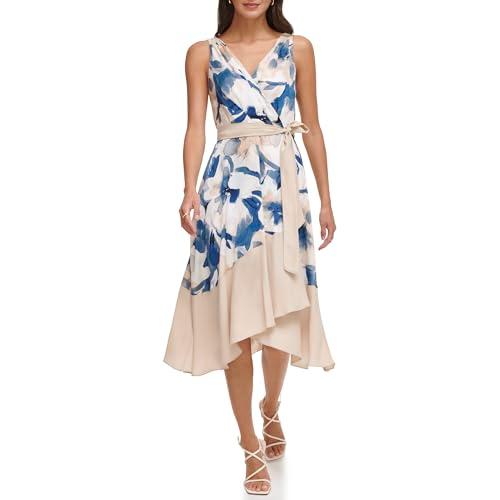 dkny women's sleeveless tie fit & flare midi dress, navy multi