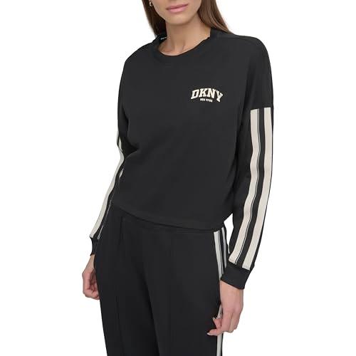 dkny women's stripe varsity logo cropped crewneck sweatshirt, black/eggnog, small
