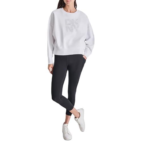 dkny women's studded logo cropped crewneck fleece sweatshirt, white, large